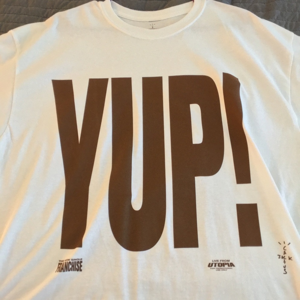 Travis Scott “Yup” white T-shirt size L to XL.